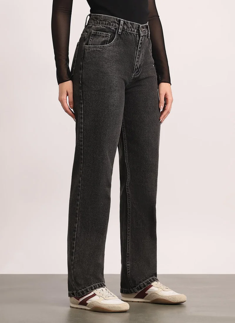 Urbano Fashion  Urbano Fashion Women's Grey High Rise Straight Fit Washed Jeans Non-Stretchable for Women | Best Price UAE